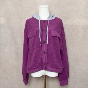 ZENANA NWT TOP Fleece Hoodie Purple Grey Button Front Size Medium